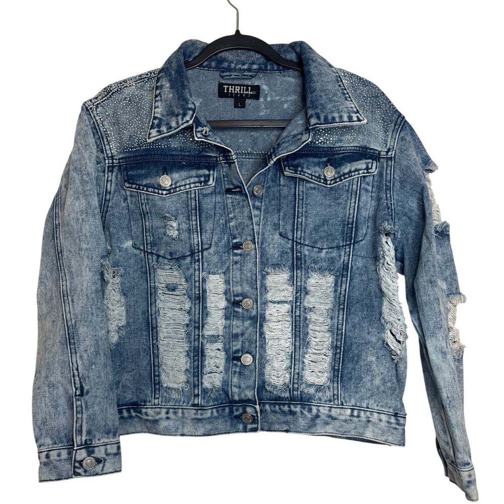 Thrill Jeans Denim Jacket Women's L Acid Wash Fringe Ripped Y2K Jean Distressed